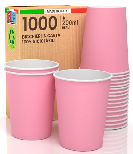 1 000 pappersmuggar, 200 ml, miljövänlig, biologiskt nedbrytbar, engångs tillverkad i Italien, Asporto, varmvattendrycker, färgglada, rosa, tillverkade och förpackade i Italien