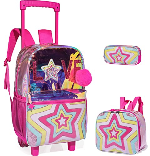 ZBAOGTW Rolling Backpack for Girls Kids Backpack with Wheels for School Trolley Trip Luggage Clear Rolling Bookbag for Kindergarten Girls Elementary School