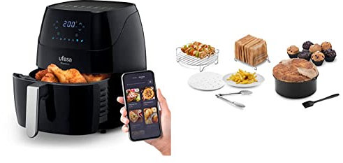 Ufesa AF5000 Phantom Freidora de Aire sin Aceite con WIFI, 5L, Control Táctil Digital, 8 Programas, 1500W + Ufesa Pack 7 Accesorios para Freidora de Aire sin Aceite