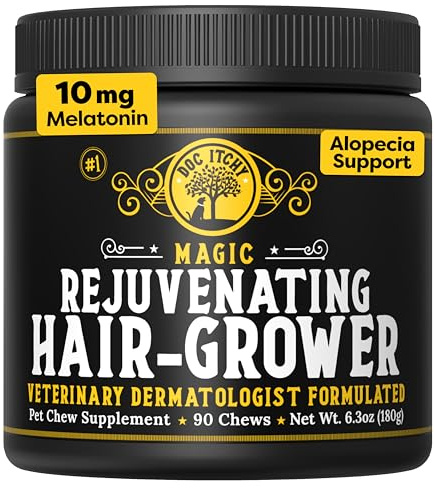 Doc Itchy Rejuvenating Hair-Grower Dog Pet Chews | 10mg Melatonin for Dogs | Hair Growth Booster | Senior Dog Energizer | Calming | Medical-Strength | Food Allergy Safe | Vegan | 90 Count