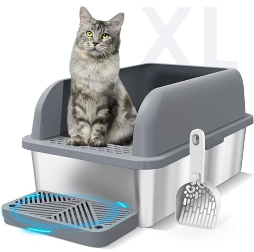 Suzzipaws Enclosed Stainless Steel Cat Litter Box with Lid Extra Large Litter Box for Big Cats XL Metal Litter Pan Tray with High Wall Sides Enclosure, Non-Sticky, Anti-Leakage (Grey)
