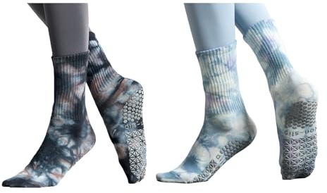 Yoga Pilates Socken mit Griffen für Frauen, 2 Stück, Batikfärbung, rutschfeste Sportsocken für Zuhause, Workout, Fitnessstudio, Sport, Barre, Ballett, Tanz, schwarzblau, One Size