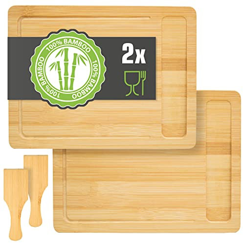 DuneDesign Juego de 2 Platos para Raclette - 30x22 Raclette Tablero de Madera con Espátula - Base para Sartenes Raclette - 1,2 cm de Espesor - Bambú Tablero de Madera - Soporte para Sartén Raclette