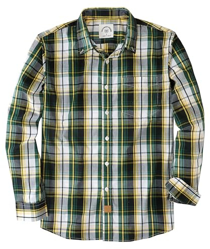 Dubinik® Camicia Quadri Uomo Casual Leggero Botton Down Regular Fit con Taschini Verde Scuro Giallo 052 S