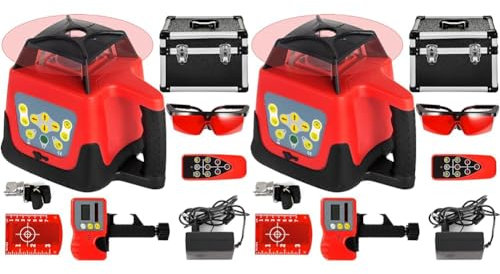 BuoQua Rotationslaser Selbstnivellierend Baulaser mit Empfänger Linienlaser 360 Grad mit Fernbedienung und Laser-Schutzbrillen Messbereich 500m (Packung mit 2)