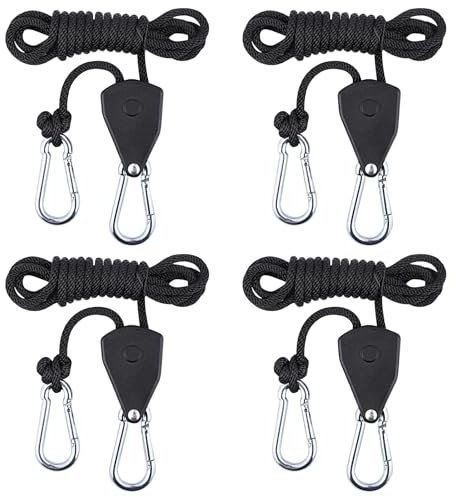 4 x Ratchet Hangers, Seilratsche mit Haken, einstellbare Seil Ratsche mit Haken, Seilhaken Ratsche, 2M 1/8 Zoll Verstellbarer Seilaufhänger Seilzugratsche Ratschenseil für Pflanzenlampe Licht