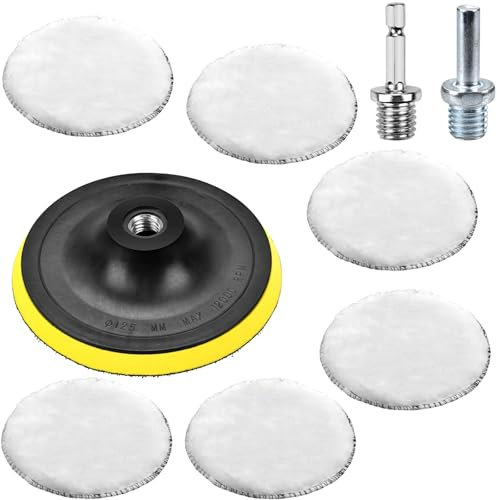 ALFFREUDE 9 Pezzi Pad Lana Lucidatura 125MM Tamponi Lucidatura Auto Kit Lucidatura Auto per Trapano per la Lucidatura e la Ceratura di Autoveicoli con Adattatore per Trapano M14