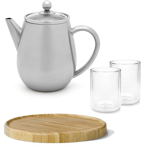 Doppelwandige Mini Teekanne 0.5 Liter silber - glänzende Edelstahlkanne Set mit braunem Holz-Untersetzer & 2 isolierende Teegläser je 290 ml