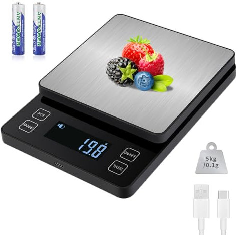 Howeifull Küchenwaage Digital, 5 kg Feinwaage Hochpräzise 0,1g genau, USB C Aufladen Küchenwage Briefwaage mit 10 Einheiten, Zählfunktion, Wiegeplatte aus rostfreiem Stahl, Schwarz