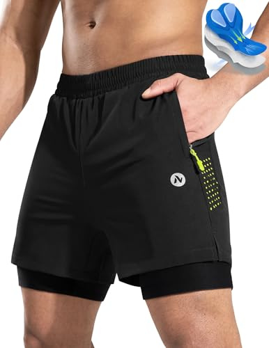 Nepest Pantaloni corti da mountain bike, da uomo, imbottiti, 4D, larghi, traspiranti, ad asciugatura rapida, nero/verde, XL