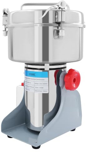 HuKaiL Mulino elettrico da 2,5 kg, 4500 W, 32000 giri/min, grano con regolazione di 0-5 minuti, macinino per cereali, 50-300 maglie per macinare prodotti secchi, spezie, erbe, caffè