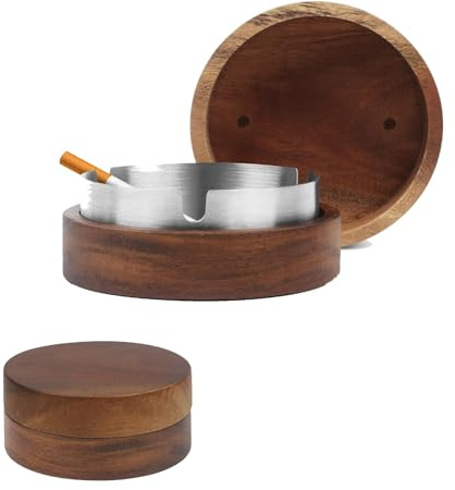 Ashtray With Lid Smell Proof,Wooden Ashtray With Stainless Steel Insert,Indoor And Outdoor ashtray For,Garden 9.2 * 3.3cm, Stainless Steel Inner Layer,Anti-Odour,Minimalist Design,Perfect for