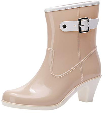 Bottes en caoutchouc pour femme - Avec talon - Bottes de pluie mi-hautes - Bottes de pluie - Bottes de travail imperméables - Bottes de jardin - Bottes de pêche, beige, 40/LL