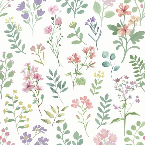 YENHOME Carta da Parati Muro Floreale Bianco 44.5x300cm Carta da Parati Adesiva Acquerello Floreale Colorate per Camera da Letto Soggiorno Pellicola Autoadesiva Fiori per Mobili Armoire Scrivania