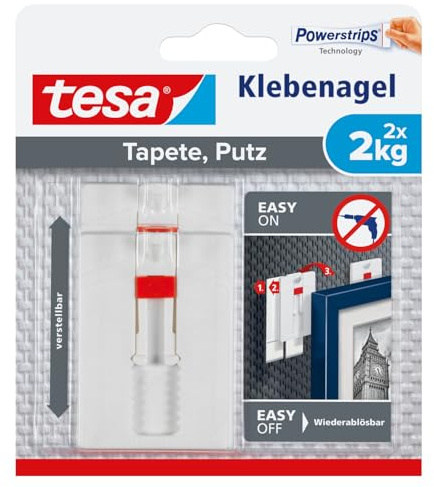 tesa Clavo Adhesivo Ajustable para Paredes Pintadas y Yeso 2 kg, Colgador con Altura Ajustable Sin Perforaciones, Paquete con 2 Clavos Adhesivos y 6 Tiras
