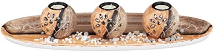 Relaxdays Teelichthalter Set, Kerzenschale, Dekokies, runde Kerzenhalter, stimmungsvolle Tischdeko, 51,5 cm lang, braun