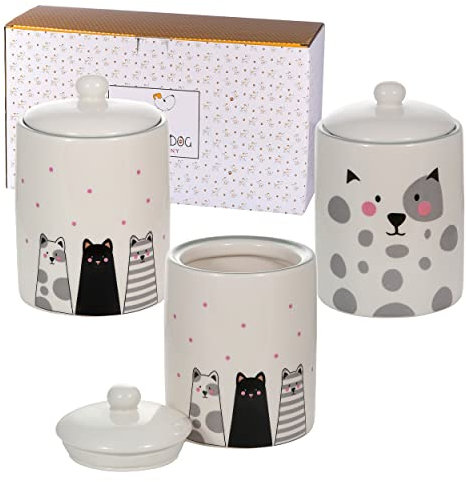 SPOTTED DOG GIFT COMPANY - Barattoli da cucina con motivo gatti - per tè, caffè e zucchero - con coperchio ermetico - idee regalo per amanti dei gatti - in ceramica - set da 3