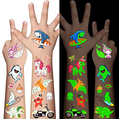 Awinmay 310 Pcs Luminous Temporary Tattoos for Kids,Mixed Styles Glow In The Dark Tattoos for Boys and Girls,Butterfly Dinosaur Pirate Mermaid Fake Tattoo Stickers,Glow Party Supplies Arts and Crafts