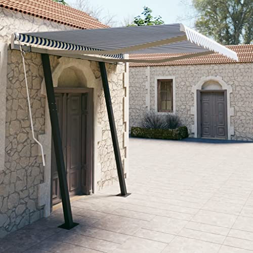 INLIFE Store banne à bras articulé automatique avec poteaux 3,5 x 2,5 m bleu blanc 0126-0126