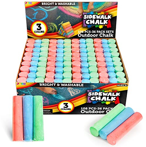 JOYIN 108 PCS Sidewalk Chalk Set in 36 Count, 3 Assorted Colors, Non-Toxic Jumbo Washable Driveway Chalk for Outdoor Art Play, Great Gift Toys for Kids, Classroom