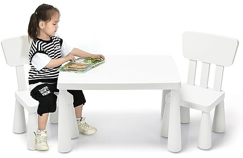 GOPLUS Table Enfant avec 2 Chaises, Petite Table d'Activité Enfant en Plastique pour Manger, Étudier, Jouer, pour Filles Garçon 1-7 Ans, Charge 50KG (Blanc)