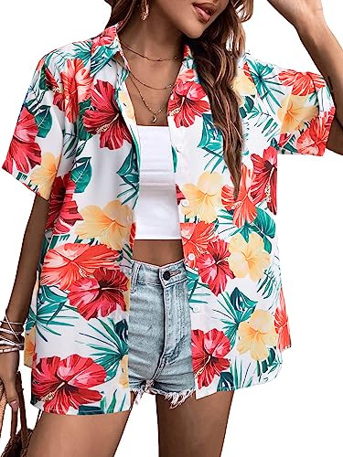 MYHALF Chemise hawaïenne Douce et fraîche pour Femme - Imprimé Floral Tropique - Col en V - Manches Courtes - Haut boutonné, Rouge Jaune Floral A, XX-Large