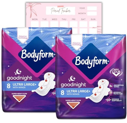 Body Form Ultra Goodnight Sanitary Towels with Wings, 16 (8 x 2 Packs) Period Pads for Night use, Super Heavy Flow, Cour-V Ultra Night wtth Caliko Period Tracker