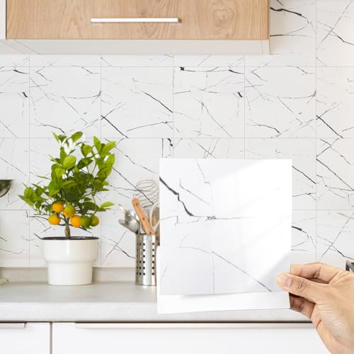 Decoroom Tile Stickers White 12pcs/15x15cm, Marble Self Adhesive Stick on Wall Tiles, Peel and Stick Vinyl Waterproof Home Decor for Kitchen Bathroom Splashback