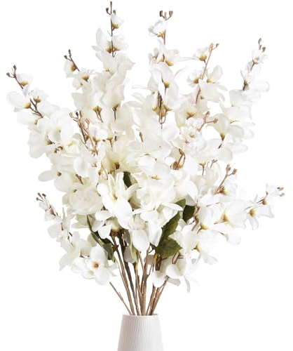 INSUNSIX 6PCS White Delphinium Artificial Flower Lifelike Larkspur Silk Flowers Plant 35.43'' Long Stem Blossoms Fake Flowers for Tall Vase Floral Arrangements Home Table Wedding Decor(White)