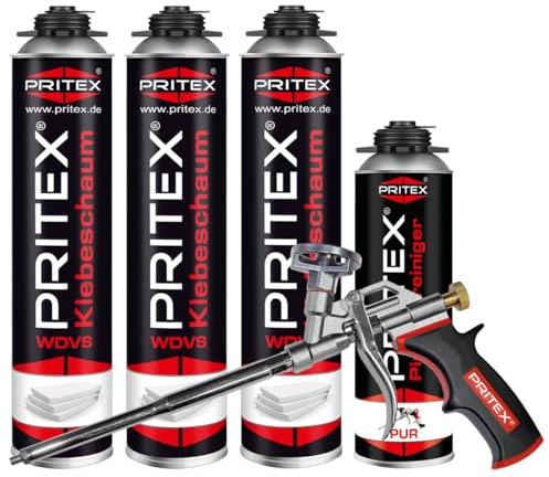 PRITEX - WDVS Klebeschaum Set 3 x 750 ml inkl. Schaumpistole und Reiniger zum Isolieren, Fixieren & Befestigen – Bauschaum Dämmstoffkleber mit sehr guter Haftung