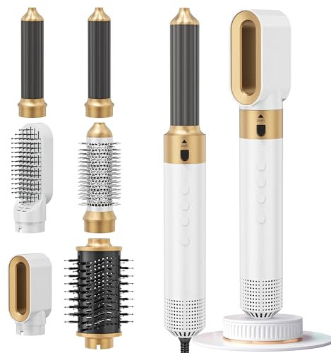 Fdlscpem Juego de cepillo y alisador de pelo 6 en 1, cepillo secador de pelo desmontable, motor sin escobillas de alta velocidad de 110000 rpm, moldeador de aire caliente iónico negativo, rizador de