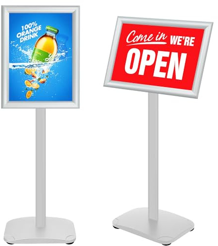 VAIIGO Porte Affiche A4 robuste sur Pied avec Base lestée en fonte solide, Rotation 360°, Cadre Clipsable - Présentoir Panneau – Pour Menu Restaurant, Publicités, Support Documents Bureau | Argent