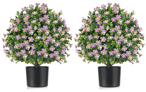 COSTWAY Set of 1/2 Artificial Boxwood Topiary Ball Tree, Faux Shrub Bushes with Flowers and Plastic Nursery Pot, Fake Decorative Greenery Plants for Indoor Outdoor (2, Purple Gardenia)