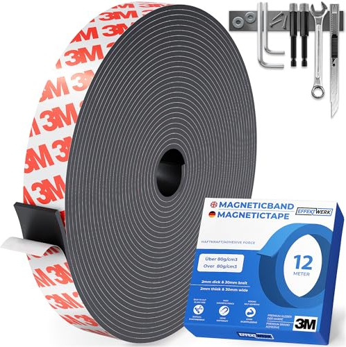 EFFEKTWERK - Rotolo di nastro magnetico - 12 metri - Strisce magnetiche extra spesse e larghe con retro autoadesivo resistente - Facili da tagliare e attaccare a superfici piane