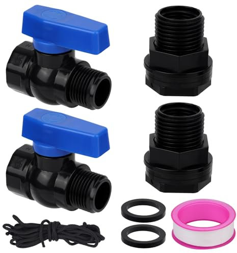 BOXOB 2pcs Kit Robinet Baril Pluie PVC 3/4 GHT, Kit Dérivation Jardin avec Raccord Traversée,Adaptateur Robinet Tuyau & Ruban d’Étanchéité Connecteur Vanne Vidange pour Aquarium Piscine