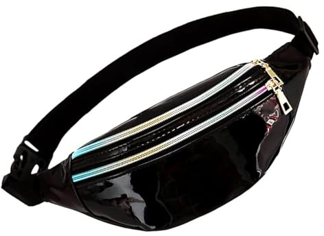 Shiny Holographic Fanny Pack,Metallic Farbe Sport wasserdicht Gürteltasche Neon Gürteltasche mit Taschen und verstellbarem Gürtel für Frauen Männer Kinder Reisen Laufen Festival Party (Schwarz)