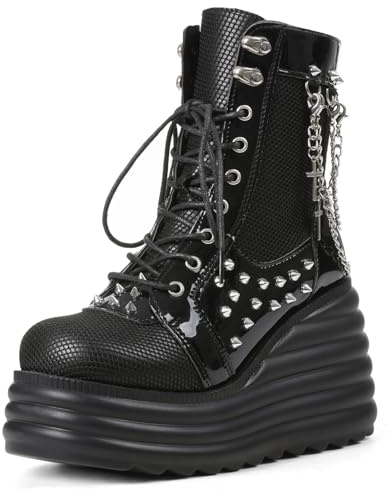 Lyrisiphy Women's Gothic Ankle Boots Black Platform Combat Boots with Punk Chains & Studs Lace Up Wedge Boots for Womens Rave Festivals Halloween