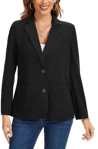 Kyzoeyou - Giacca da donna in corduroy, blazer casual a maniche lunghe, con colletto a girocollo, da ufficio, formale, completi da donna, giacca a due bottoni con tasche, B-nero, S
