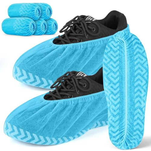 ANOMM Lot de 50 Surchaussures Jetables Bleu en Tissu Non tissé, Motif Grip & Résistants Couvre Chaussure Réutilisable, Antidérapants Surchaussures Lavable pour Maison, chantier