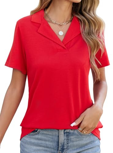 heekpek Camicia Donna Elegante Blusa Estiva Polo Shirt Manica Corta Scollo a V Casual Lavoro Camicetta Classico con Revers Maglietta Estive T Shirt Moda Tinta Unita Maglia Top(Rosso,M)