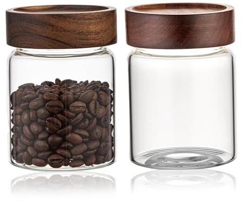 Nuiorfty 2 Pots de Conservation en Verre 350 ml avec Couvercle en Bois - Récipient pour Café Thé et Sucre