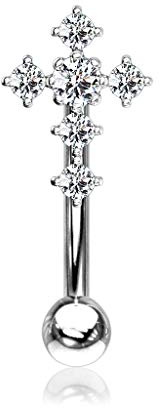 Forbidden Body Jewelry 16g 8mm Curved Barbell for Daith, Eyebrow, Rook & Belly Button with CZ Cross Top, Silver Tone