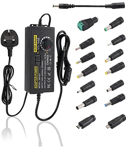 Adjustable Power Supply, 3V-24V 5A 120W DC Variable Universal AC/DC Adapter 100V-240V AC to DC Converter with Multiple Converter Heads & LED Voltage Display
