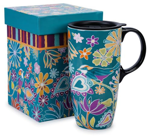 DUSVALLY karemisk mugg resa kaffemugg kaffekopp med lock och handtag, 17 oz. lattemugg, grön blomma