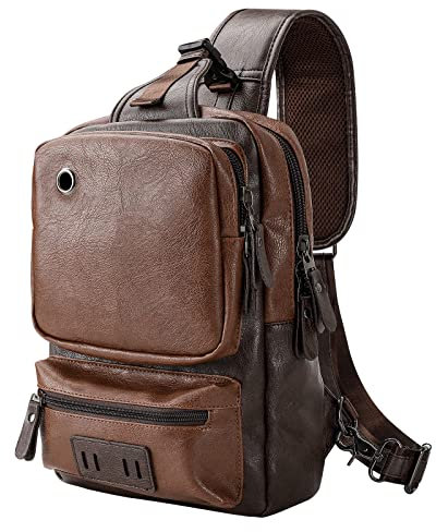 AONEGOLD Bolso Pecho Hombre Pequeña Piel Vintage Mochila de Cuero PU Bandoleras Cruzada Sling Bag Crossbody Puerto de Carga USB Bolsos Cruzados Marrón