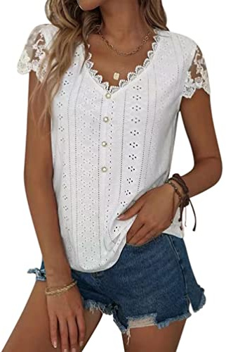 Minetom Chemise Femme Dentelle Tee Shirt Été Manches Courtes Col V Blouse Élégant T Shirt Casual Chemisier Haut Tops C Blanc XXL