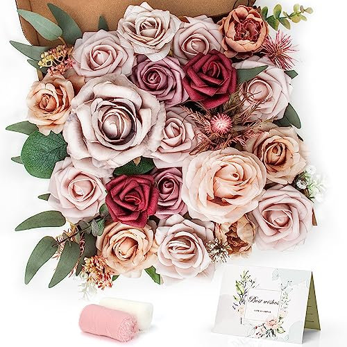 Jubor Artificial Flowers Combo Set, Fake Flower Leaf Box with Stems Artificial Wedding Flowers Combo for DIY Wedding Bouquets Centerpieces Arrangements Decorations (Bean Paste Pink)