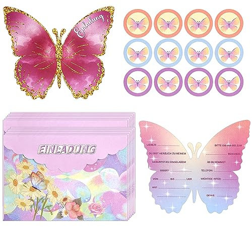 Coolon Schmetterling Einladungskarten Kindergeburtstag Mädchen und Party Schmetterling Einladungskarten mit Aufklebern und Umschlägen Hochwertige Partyeinladungen Einladungen -12 Stück