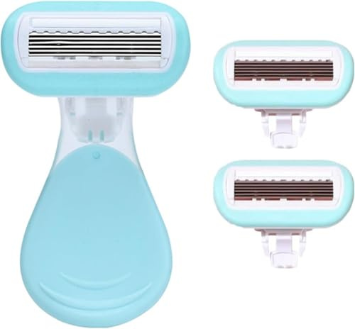 Manual Short Handle Shaver for Armpit and Leg Hair, Women's Razor, Lady Shaver, Painless Razor Bikini Trimmer with 2 Replacement Head, Reusable Washable Manual Razor for Men and Women (Blue)