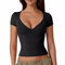 KOEMCY Shirts Damen Sommer Vausschnitt Kurzarm Tshirt Basic T Shirt Figurbetont Crop Top Oberteile Casual Elegant Slim Fit Shirt Kurzarm Longshirt Frühling